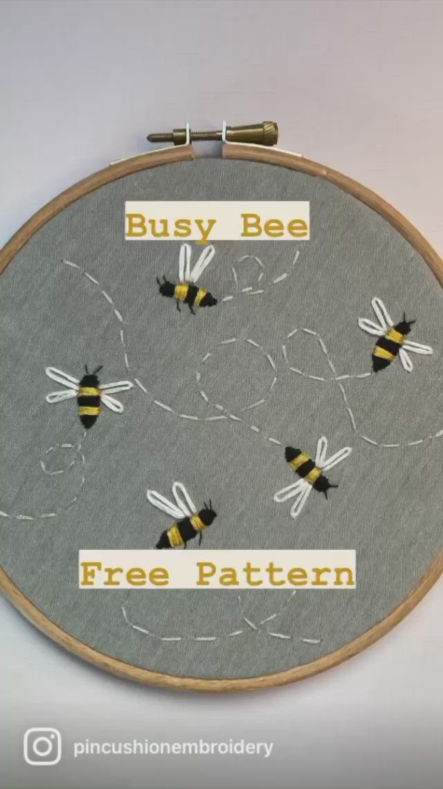 This may contain: a close up of a embroidery on a hoop with bees flying in the air and words busy bee free pattern