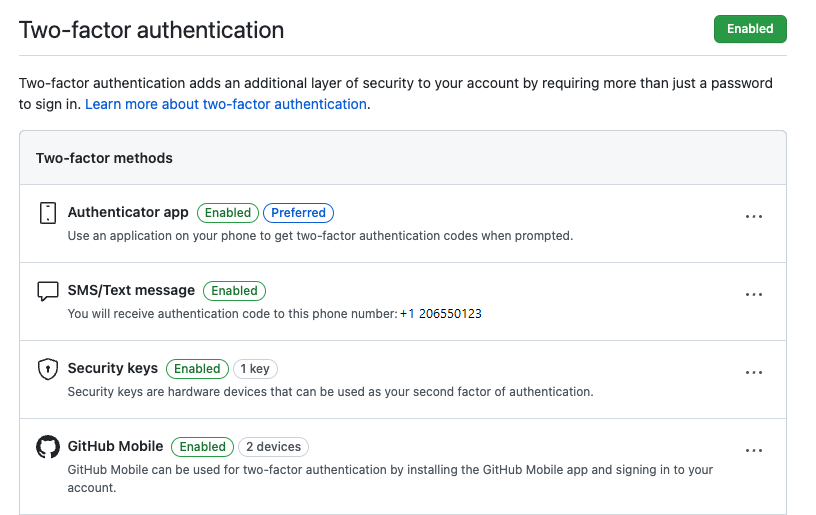 2FA settings page showing both authenticator app and SMS registered