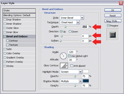 Bevel and Emboss options for chiseled bevel