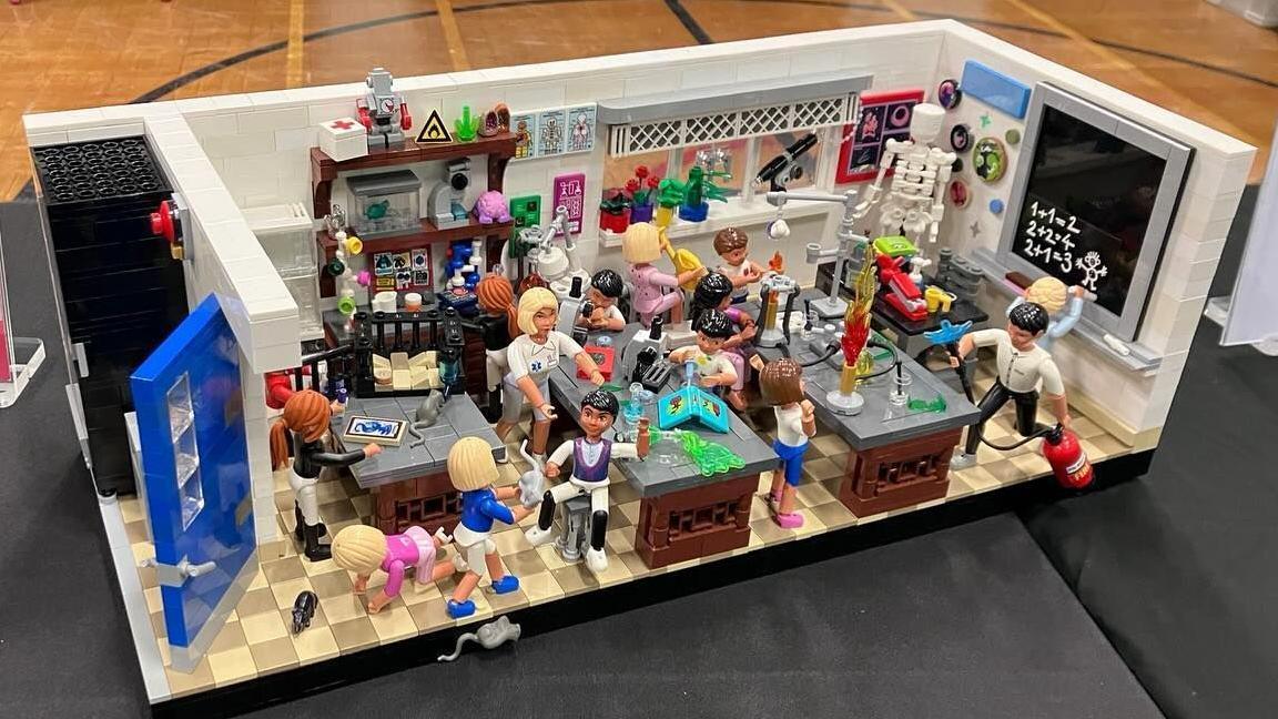 A busy school scene made from Lego