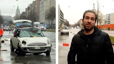 Dual split image with picture of a car on one side, and picture of reporter on the other