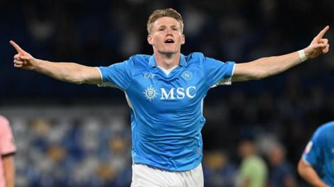 Scott McTominay celebrates a goal for Napoli