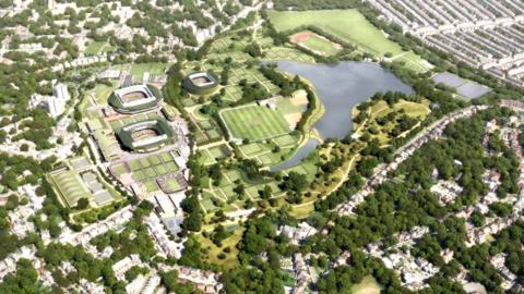 A computer graphic showing the proposed 39 tennis courts, including an 8,000-seater show court, on the former site of Wimbledon Park Golf Club

