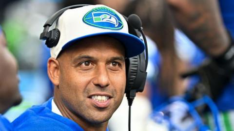 Seattle Seahawks' defensive coordinator Aden Durde on the sideline during an NFL game