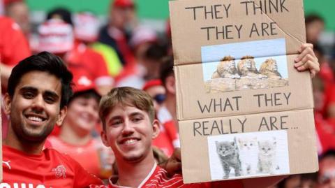 Swiss fans hold a sign reading 'They think they are' with an image of three lions, followed by 'what they really are' and three kittens. 
