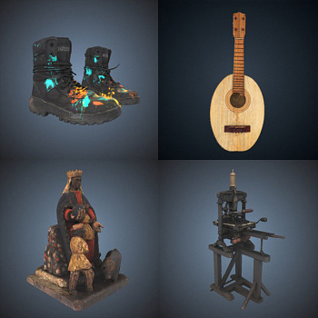 grid of 3d renders: boots, string instruments, virgin statue, printing press