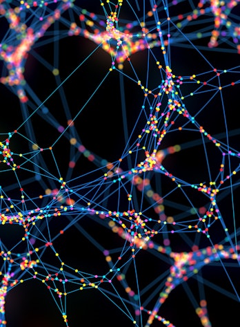 photo depicts An abstract image of huge network of multi-coloured spheres connected together by blue lines, against a dark background. With selective focus and bokeh.