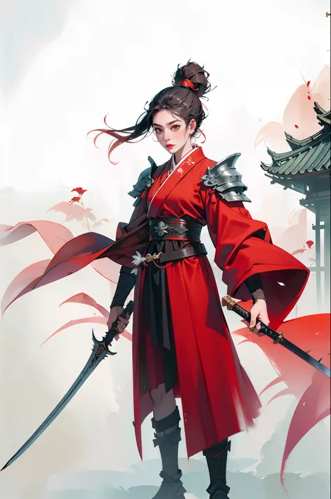 An ancient Chinese female general with a sword in her hand, grim expression, full body, clear facial features, amazing facial fe...
