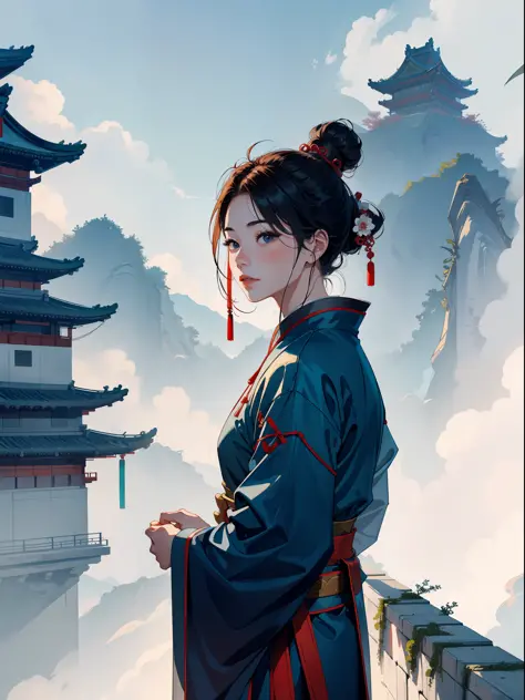 A woman with a boy in an ancient Chinese palace background