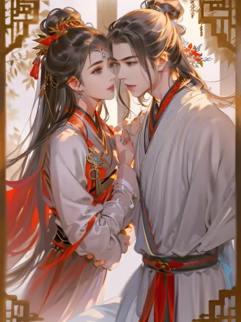 An ancient Chinese handsome boy and a beautiful girl, full body portrait, looking at each other, gentle eyes, clear facial featu...