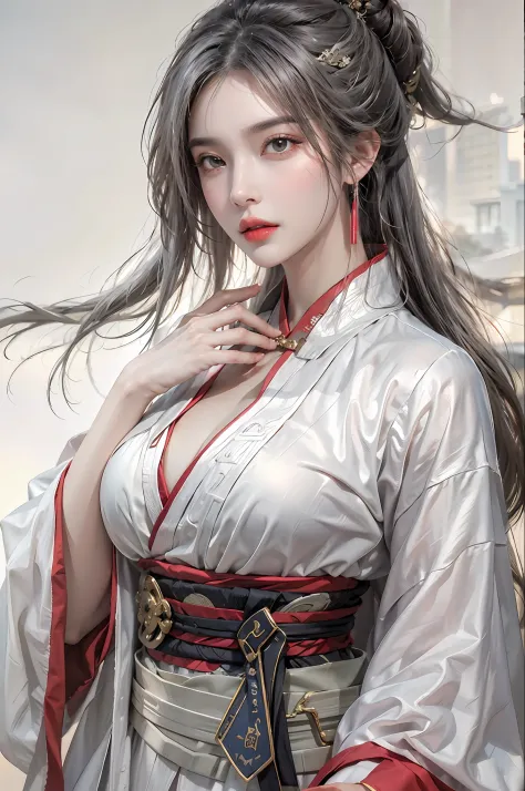 photorealistic, high resolution, 1women, solo, hips up, look at viewer, (detailed face), white hair, long hair, Ancient China