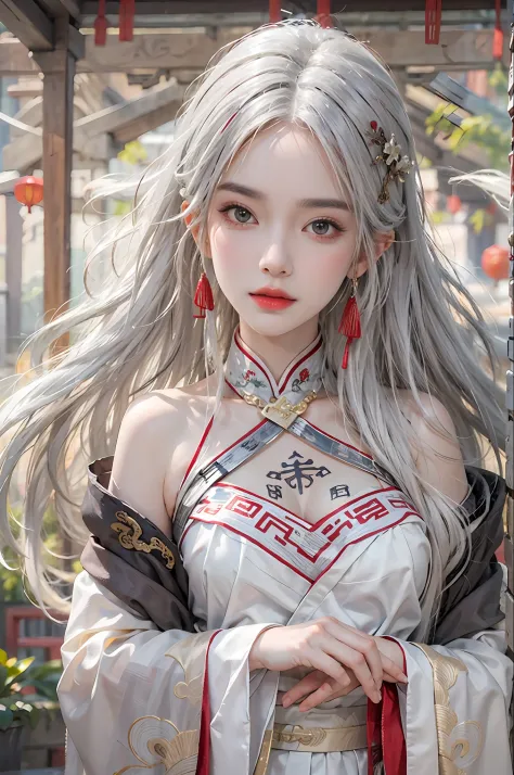 photorealistic, high resolution, 1women, solo, hips up, look at viewer, (detailed face), white hair, long hair, Ancient China