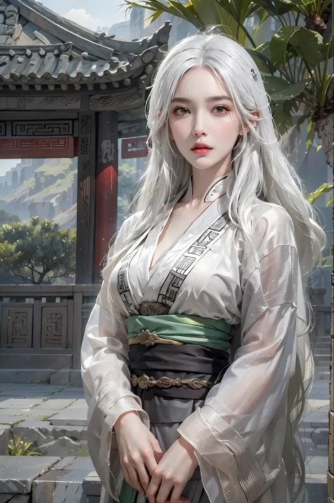 photorealistic, high resolution, 1women, solo, hips up, look at viewer, (detailed face), white hair, long hair, Ancient China