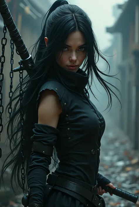 a female ninja with flowing black hair, intricate chained weaponry, chains emanating from all directions, chains flying randomly towards the viewer, strong sense of depth and perspective, highly detailed, ultra-realistic, cinematic lighting, dramatic color