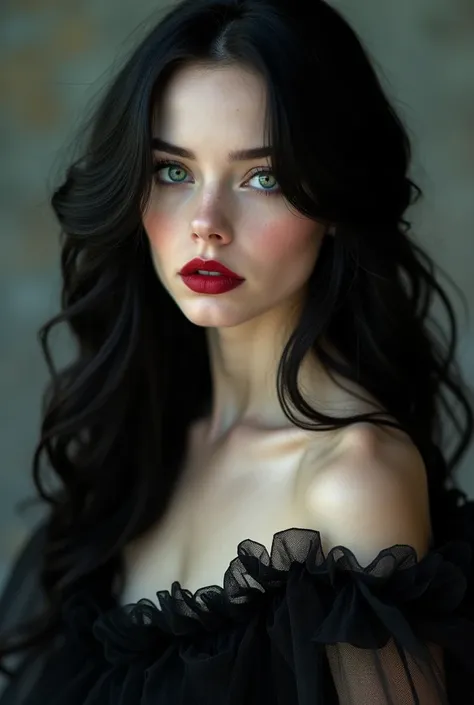 "a young gothic woman in her 20s with a captivating look. her elongated green eyes are framed by long lengths and well-shaped eyebrows. a red mouth complements the pale skin of her face. her long black hair, falling in defined curls in a side of the head, 