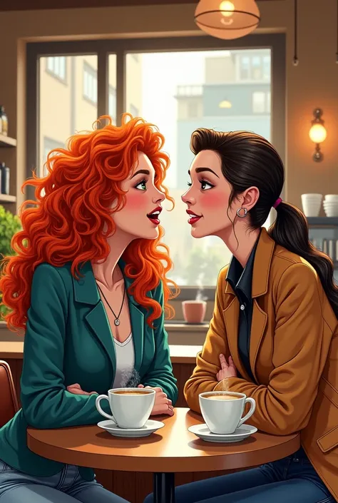 two women, one with red hair and the other with a modern style, meeting in a fancy coffee shop, smiles of surprise and joy lighting up their faces, in drawing