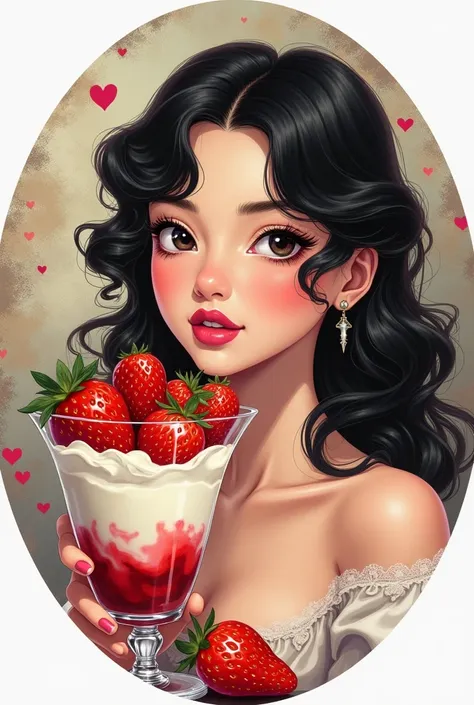 create a round sticker of a small glass of strawberries with cream that looks very tasty to the eye and on the right side of the sticker a small face of a young woman with light skin but not so white long curly black hair with pink lips and winking in a se