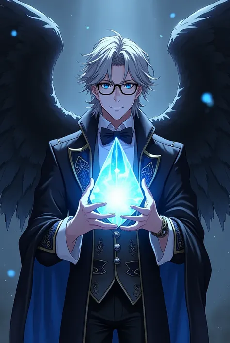 man, anime,wings,black feathers,black blue white clothes, gray hair,night ,elegant clothes,prideful,lordgrim,holding a glowing prism,wearing prescription glasses