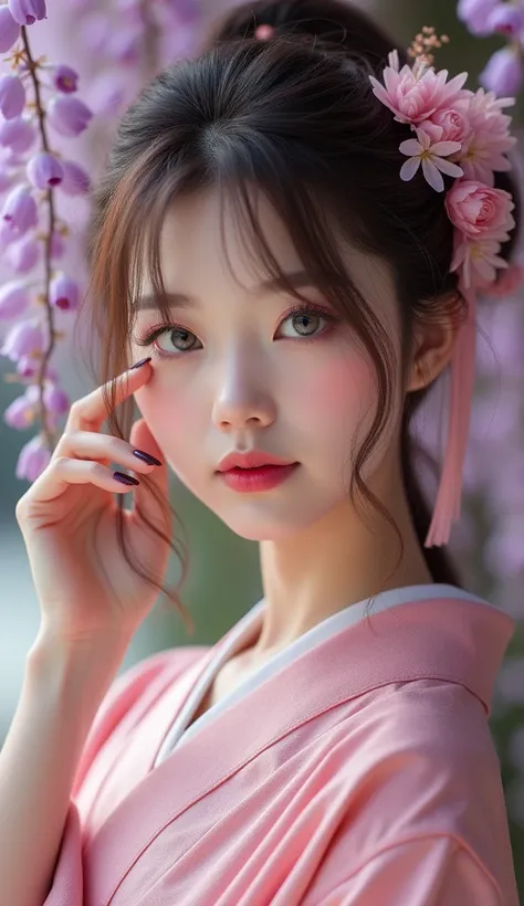 beautiful detailed fingers, beautiful detailed dark pink nail polish, beautiful detailed eyes, beautiful detailed lips, extremely detailed eyes and face, long eyelashes, a japanese young woman, brown hair, long hair, pink kimono, wisteria flowers, grey eye