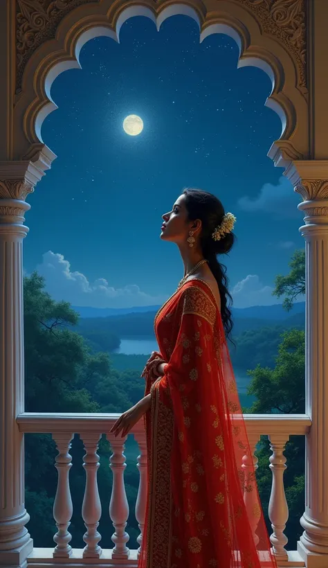 draw a most beautiful and hot woman wearing a saree standing in the balcony of her house looking at the stars and the beautiful moon