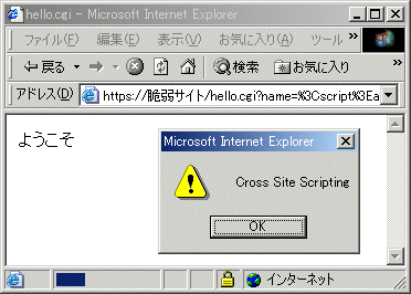 図6 URLのパラメータ部分を書き換え、そのURLにアクセスすると「Cross Site Scripting」と書かれたダイアログボックスが表示される