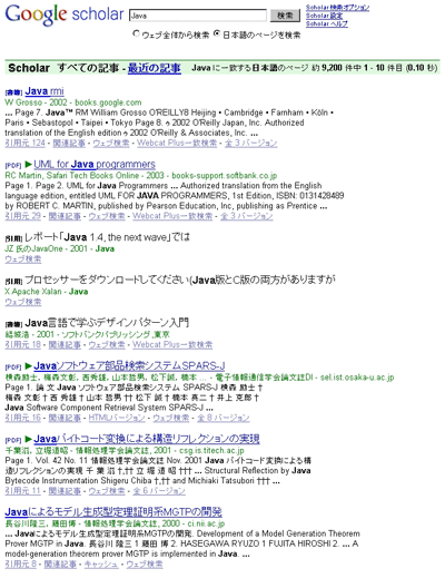 Google Scholarで「Java」を検索した例