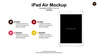 www.companyname.com
© 2016 Jetfabrik Multipurpose Theme. All Rights Reserved.
51
Speaker
Creativity is the key to
success in the great and
primary education
Video
Creativity is the key to
success in the great and
primary education
Speaker
Creativity is the key to
success in the great and
primary education
Video
Creativity is the key to
success in the great and
primary education
iPad Air Mockup
Your great subtitle in this line
 