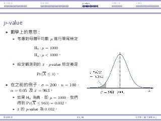 基本概念 拒絕規則 p-value ⺟體比例 t 檢定
p-value
數學上的意思：
考慮對⺟體平均數 µ 進⾏單尾檢定
H0 : µ = 1000
Ha : µ  1000。
給定觀測到的 ¯x，p-value 照定義是
Pr(X ≤ ¯x)。
在之前的例⼦，σ = 200，n = 100，
α = 0.05 及 ¯x = 963。
如果 H0 為真，即 µ = 1000，我們
得到 Pr(X ≤ 963) = 0.032。
¯x 的 p-value 為 0.032。
假設檢定 33 / 58 孔令傑（臺⼤資管系）
 