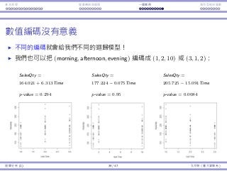 基本原理 變數轉換與選擇 ⼀個案例 類別型態⾃變數
數值編碼沒有意義
不同的編碼就會給我們不同的迴歸模型！
我們也可以把 (morning, afternoon, evening) 編碼成 (1, 2, 10) 或 (3, 1, 2)：
SalesQty =
164.021 + 6.313Time
p-value = 0.294
SalesQty =
177.224 − 0.075Time
p-value = 0.95
SalesQty =
205.725 − 15.091Time
p-value = 0.0084
迴歸分析 (1) 39 / 47 孔令傑（臺⼤資管系）
 