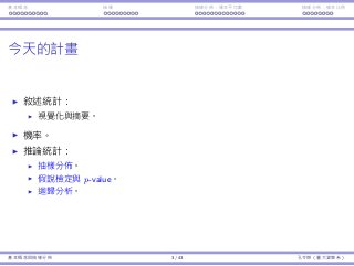 基本概念 抽樣 抽樣分佈：樣本平均數 抽樣分佈：樣本比例
今天的計畫
敘述統計：
視覺化與摘要。
機率。
推論統計：
抽樣分佈。
假說檢定與 p-value。
迴歸分析。
基本概念與抽樣分佈 3 / 43 孔令傑（臺⼤資管系）
 