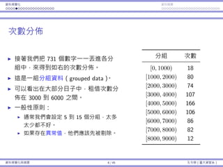 資料視覺化 資料摘要
次數分佈
接著我們把 731 個數字⼀⼀丟進各分
組中，來得到如右的次數分佈。
這是⼀組分組資料（grouped data）。
可以看出在⼤部分⽇⼦中，租借次數分
佈在 3000 到 6000 之間。
⼀般性原則：
通常我們會設定 5 到 15 個分組，太多
太少都不好。
如果存在異常值，他們應該先被剔除。
分組 次數
[0, 1000) 18
[1000, 2000) 80
[2000, 3000) 74
[3000, 4000) 107
[4000, 5000) 166
[5000, 6000) 106
[6000, 7000) 86
[7000, 8000) 82
[8000, 9000) 12
資料視覺化與摘要 6 / 45 孔令傑（臺⼤資管系）
 