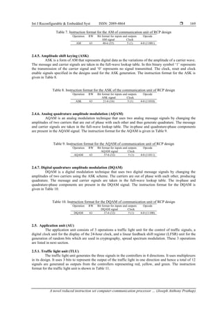 Int J Reconfigurable & Embedded Syst ISSN: 2089-4864 
A novel reduced instruction set computer-communication processor … (Joseph Anthony Prathap)
169
Table 7. Instruction format for the AM of communication unit of RCP design
Operation RW Bit format for inputs and outputs Opcode
AM signal Clock
AM 63 40-6 (35) 5 (1) 4-0 (11001)
2.4.5. Amplitude shift keying (ASK)
ASK is a form of AM that represents digital data as the variations of the amplitude of a carrier wave.
The message and carrier signals are taken in the full-wave lookup table. In this binary symbol ‘1’ represents
the transmission of the carrier signal and ‘0’ represents no signal transmitted. The clock, reset and clock
enable signals specified in the designs used for the ASK generation. The instruction format for the ASK is
given in Table 8.
Table 8. Instruction format for the ASK of the communication unit of RCP design
Operation RW Bit format for inputs and outputs Opcode
ASK signal Clock
ASK 63 21-6 (16) 5 (1) 4-0 (11010)
2.4.6. Analog quadrature amplitude modulation (AQAM)
AQAM is an analog modulation technique that uses two analog message signals by changing the
amplitudes of two carriers that are out of phase with each other and thus generate quadrature. The message
and carrier signals are taken in the full-wave lookup table. The in-phase and quadrature-phase components
are present in the AQAM signal. The instruction format for the AQAM is given in Table 9.
Table 9. Instruction format for the AQAM of communication unit of RCP design
Operation RW Bit format for inputs and outputs Opcode
AQAM signal Clock
AQAM 63 37-6 (32) 5 (1) 4-0 (11011)
2.4.7. Digital quadrature amplitude modulation (DQAM)
DQAM is a digital modulation technique that uses two digital message signals by changing the
amplitudes of two carriers using the ASK scheme. The carriers are out of phase with each other, producing
quadrature. The message and carrier signals are taken in the full-wave lookup table. The in-phase and
quadrature-phase components are present in the DQAM signal. The instruction format for the DQAM is
given in Table 10.
Table 10. Instruction format for the DQAM of communication unit of RCP design
Operation RW Bit format for inputs and outputs Opcode
DQAM signal Clock
DQAM 63 37-6 (32) 5 (1) 4-0 (11100)
2.5. Application unit (AU)
The application unit consists of 3 operations a traffic light unit for the control of traffic signals, a
digital clock unit for the display of the 24-hour clock, and a linear feedback shift register (LFSR) unit for the
generation of random bits which are used in cryptography, spread spectrum modulation. These 3 operations
are listed in next section.
2.5.1. Traffic light unit (TLU)
The traffic light unit generates the three signals in the controllers in 4 directions. It uses multiplexers
in its design. It uses 3 bits to represent the output of the traffic light in one direction and hence a total of 12
signals are generated as outputs from the controllers representing red, yellow, and green. The instruction
format for the traffic light unit is shown in Table 11.
 