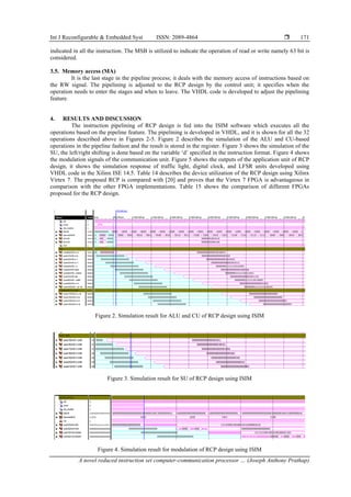 Int J Reconfigurable & Embedded Syst ISSN: 2089-4864 
A novel reduced instruction set computer-communication processor … (Joseph Anthony Prathap)
171
indicated in all the instruction. The MSB is utilized to indicate the operation of read or write namely 63 bit is
considered.
3.5. Memory access (MA)
It is the last stage in the pipeline process; it deals with the memory access of instructions based on
the RW signal. The pipelining is adjusted to the RCP design by the control unit; it specifies when the
operation needs to enter the stages and when to leave. The VHDL code is developed to adjust the pipelining
feature.
4. RESULTS AND DISCUSSION
The instruction pipelining of RCP design is fed into the ISIM software which executes all the
operations based on the pipeline feature. The pipelining is developed in VHDL, and it is shown for all the 32
operations described above in Figures 2-5. Figure 2 describes the simulation of the ALU and CU-based
operations in the pipeline fashion and the result is stored in the register. Figure 3 shows the simulation of the
SU, the left/right shifting is done based on the variable ‘d’ specified in the instruction format. Figure 4 shows
the modulation signals of the communication unit. Figure 5 shows the outputs of the application unit of RCP
design, it shows the simulation response of traffic light, digital clock, and LFSR units developed using
VHDL code in the Xilinx ISE 14.5. Table 14 describes the device utilization of the RCP design using Xilinx
Virtex 7. The proposed RCP is compared with [20] and proves that the Virtex 7 FPGA is advantageous in
comparison with the other FPGA implementations. Table 15 shows the comparison of different FPGAs
proposed for the RCP design.
Figure 2. Simulation result for ALU and CU of RCP design using ISIM
Figure 3. Simulation result for SU of RCP design using ISIM
Figure 4. Simulation result for modulation of RCP design using ISIM
 