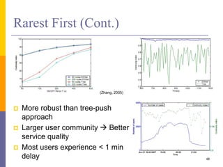 Rarest First (Cont.)
 More robust than tree-push
approach
 Larger user community  Better
service quality
 Most users experience < 1 min
delay 48
(Zhang, 2005)
 