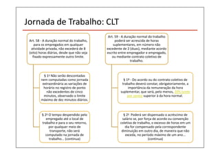 Jornada de Trabalho: CLT 
Art. 58 - A duração normal do trabalho, 
para os empregados em qualquer 
atividade privada, não excederá de 8 
(oito) horas diárias, desde que não seja 
fixado expressamente outro limite. 
§ 1o Não serão descontadas 
nem computadas como jornada 
extraordinária as variações de 
horário no registro de ponto 
não excedentes de cinco 
minutos, observado o limite 
máximo de dez minutos diários. 
§ 2o O tempo despendido pelo 
empregado até o local de 
trabalho e para o seu retorno, 
por qualquer meio de 
transporte, não será 
computado na jornada de 
trabalho... (continua) 
Art. 59 - A duração normal do trabalho 
poderá ser acrescida de horas 
suplementares, em número não 
excedente de 2 (duas), mediante acordo 
escrito entre empregador e empregado, 
ou mediante contrato coletivo de 
trabalho. 
§ 1º - Do acordo ou do contrato coletivo de 
trabalho deverá constar, obrigatoriamente, a 
importância da remuneração da hora 
suplementar, que será, pelo menos, 20% (vinte 
por cento) superior à da hora normal. 
§ 2o Poderá ser dispensado o acréscimo de 
salário se, por força de acordo ou convenção 
coletiva de trabalho, o excesso de horas em um 
dia for compensado pela correspondente 
diminuição em outro dia, de maneira que não 
exceda, no período máximo de um ano... 
(continua) 
 