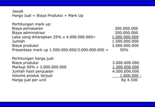 Jawab
Harga Jual = Biaya Produksi + Mark Up
Perhitungan mark up:
Biaya pemasaran 300.000.000
Biaya administrasi 200.000.000
Laba yang diharapkan 25% x 4.000.000.000= 1.000.000.000
Jumlah 1.500.000.000
Biaya produksi 3.000.000.000
Presentase mark up 1.500.000.000/3.000.000.000 = 50%
Perhitungan harga jual:
Biaya produksi 3.000.000.000
Markup 50% x 3.000.000.000 1.500.000.000
Jumlah hasil penjualan 4.500.000.000
Volume produk terjual 1.000.000 :
Harga jual per unit Rp 4.500
 