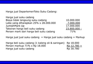 Harga jual DepartemenToko Suku Cadang:
Harga jual suku cadang
Biaya tidak langsung suku cadang 10.000.000
Laba yang diharapkan 25% x 28.000.000 7.000.000
JumlahMark Up 17.000.000
Taksiran harga beli suku cadang 23.800.000 :
Persen mark dari harga beli suku cadang 71%
Harga jual jual suku cadang = Harga jual suku cadang + Markup
Harga beli suku cadang (1 kaleng oli & saringan) Rp 18.000
Persen markup 71% x Rp 18.000 Rp 12.780 +
Harga jual suku cadang Rp 30.780
 