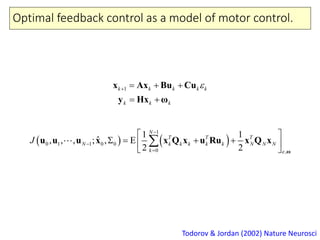 Optimal feedback control as a model of motor control.
Todorov & Jordan (2002) Nature Neurosci
   
1
0 1 1
0 ,
0 0
1 1
ˆ, , , ; , E
2 2
N
T T T
N k k k k k N N N
k
J




 
    
 

ω
u u u x x Q x u Ru x Q x
1 k
k
k k k k
k k
   
 
x Ax Bu C
y Hx ω
u
 