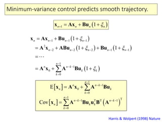 Minimum-variance control predicts smooth trajectory.
Harris & Wolpert (1998) Nature
 1 1n n n n   x Ax Bu
 
   
 
1 1 1
2
2 2 2 1 1
1
0
0
1
1
1 1
1
n
n
k
k
n n n n
n n n n n
n k
k

 

  
 


  
 
  
    

  
x Ax Bu
A x ABu Bu
A x A Bu
  0
1
0
1
E n k
n
n
n
k
k
 


  x A x A Bu
   
T1 T
1
0
T 1
Cov n k n k
n k k
n
k


   
 x A Bu u B A
 