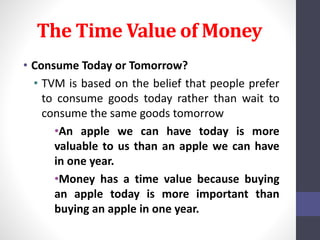 The Time Value of Money 
• Consume Today or Tomorrow? 
• TVM is based on the belief that people prefer 
to consume goods today rather than wait to 
consume the same goods tomorrow 
•An apple we can have today is more 
valuable to us than an apple we can have 
in one year. 
•Money has a time value because buying 
an apple today is more important than 
buying an apple in one year. 
 