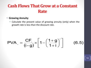 Cash Flows That Grow at a Constant 
Rate 
• Growing Annuity 
• Calculate the present value of growing annuity (only) when the 
growth rate is less than the discount rate. 
51 
CF 
  
(6.5) 
1 g 
 
1 i 
 
1 
i - g 
PVA 
n 
1 
 
 
 
n  
 
 
 
 
 
 
 
 
   
 