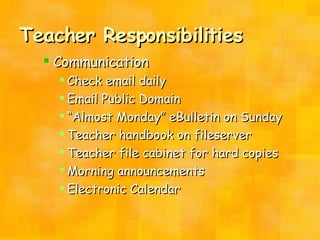 Teacher Responsibilities Communication Check email daily Email Public Domain “ Almost Monday” eBulletin on Sunday Teacher handbook on fileserver Teacher file cabinet for hard copies Morning announcements Electronic Calendar 