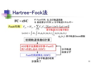 Hartree-Fock法
FC  εSC
Fock行列

F: Fock行列, C: 分子軌道係数
S: 基底重なり行列, e: 分子軌道エネルギー

F  H  

 C C 2 |     | 

i

i, ,

𝜇𝜈|𝜆𝜎 =

𝑑𝒓1

i

原子軌道(AO)2電子積分

𝑑𝒓2 𝜙 𝜇 𝒓1 𝜙 𝜈 𝒓1

1
𝜙 𝒓 𝜙 𝒓
𝑟12 𝜆 2 𝜎 2

𝜙 𝜇 𝒓1 : 原子軌道Gauss関数

初期軌道係数C計算
AO２電子反発積分計算+Fock行
列への足し込み (O(N4))
Fock行列対角化 (O(N3))
分子軌道C収束
計算終了

分子軌道
収束せず

11

 