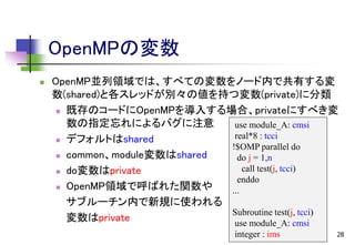 OpenMPの変数


OpenMP並列領域では、すべての変数をノード内で共有する変
数(shared)と各スレッドが別々の値を持つ変数(private)に分類
 既存のコードにOpenMPを導入する場合、privateにすべき変
数の指定忘れによるバグに注意
use module_A: cmsi
real*8 : tcci
 デフォルトはshared
!$OMP parallel do
 common、module変数はshared
do j = 1,n
call test(j, tcci)
 do変数はprivate
enddo
 OpenMP領域で呼ばれた関数や
...
サブルーチン内で新規に使われる
Subroutine test(j, tcci)
変数はprivate
use module_A: cmsi
integer : ims

28

 