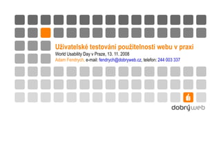 Uživatelské testování použitelnosti webu v praxi World Usability Day v Praze, 13. 11. 2008 Adam Fendrych,  e-mail:  [email_address] , telefon:  244 003 337 