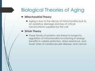 Biological Theories of Aging
 Mitochondrial Theory
 Aging is due to the decay of mitochondria due to
an oxidative damage and loss of critical
micronutrients supplied by the cell
 Sirtuin Theory
 These family of proteins are linked to longevity,
regulation of mitochondria functioning in energy,
benefits in calorie restriction, stress resistance, and
lower rates of cardiovascular disease, and cancer
 