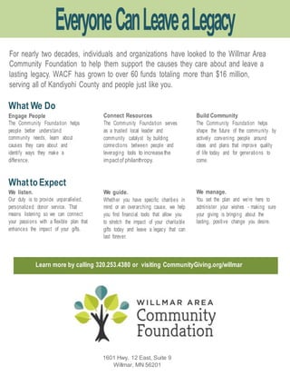 For nearly two decades, individuals and organizations have looked to the Willmar Area
Community Foundation to help them support the causes they care about and leave a
lasting legacy. WACF has grown to over 60 funds totaling more than $16 million,
serving all of Kandiyohi County and people just like you.
What We Do
Engage People
The Community Foundation helps
people better understand
community needs, learn about
causes they care about and
identify ways they make a
difference.
WhattoExpect
We listen.
Our duty is to provide unparalleled,
personalized donor service. That
means listening so we can connect
your passions with a flexible plan that
enhances the impact of your gifts.
Connect Resources
The Community Foundation serves
as a trusted local leader and
community catalyst by building
connections between people and
leveraging tools to increasethe
impactof philanthropy.
We guide.
Whether you have specific charities in
mind or an overarching cause, we help
you find financial tools that allow you
to stretch the impact of your charitable
gifts today and leave a legacy that can
last forever.
Build Community
The Community Foundation helps
shape the future of the community by
actively convening people around
ideas and plans that improve quality
of life today and for generations to
come.
We manage.
You set the plan and we’re here to
administer your wishes - making sure
your giving is bringing about the
lasting, positive change you desire.
1601 Hwy. 12 East, Suite 9
Willmar, MN 56201
Learn more by calling 320.253.4380 or visiting CommunityGiving.org/willmar
EveryoneCanLeaveaLegacy
 