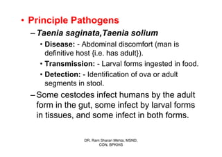 • Principle Pathogens
  – Taenia saginata,Taenia solium
    • Disease: - Abdominal discomfort (man is
      definitive host {i.e. has adult}).
    • Transmission: - Larval forms ingested in food.
    • Detection: - Identification of ova or adult
      segments in stool.
  – Some cestodes infect humans by the adult
    form in the gut, some infect by larval forms
    in tissues, and some infect in both forms.

                 DR. Ram Sharan Mehta, MSND,
                        CON, BPKIHS
 