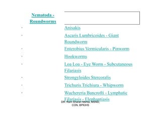 Nematoda -
    Roundworms
·                  Anisakis
·                  Ascaris Lumbricoides - Giant
                   Roundworm
·                  Enterobius Vermicularis - Pinworm
·                  Hookworms
·                  Loa Loa - Eye Worm - Subcutaneous
                   Filariasis
·                  Strongyloides Stercoralis
·                  Trichuris Trichiura - Whipworm
·                   Wuchereria Bancrofti - Lymphatic
                    Filariasis - Elephantiasis
                  DR. Ram Sharan Mehta, MSND,
                       CON, BPKIHS
 