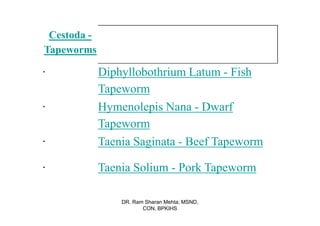 Cestoda -
Tapeworms

·            Diphyllobothrium Latum - Fish
             Tapeworm
·            Hymenolepis Nana - Dwarf
             Tapeworm
·            Taenia Saginata - Beef Tapeworm

·            Taenia Solium - Pork Tapeworm

                 DR. Ram Sharan Mehta, MSND,
                        CON, BPKIHS
 